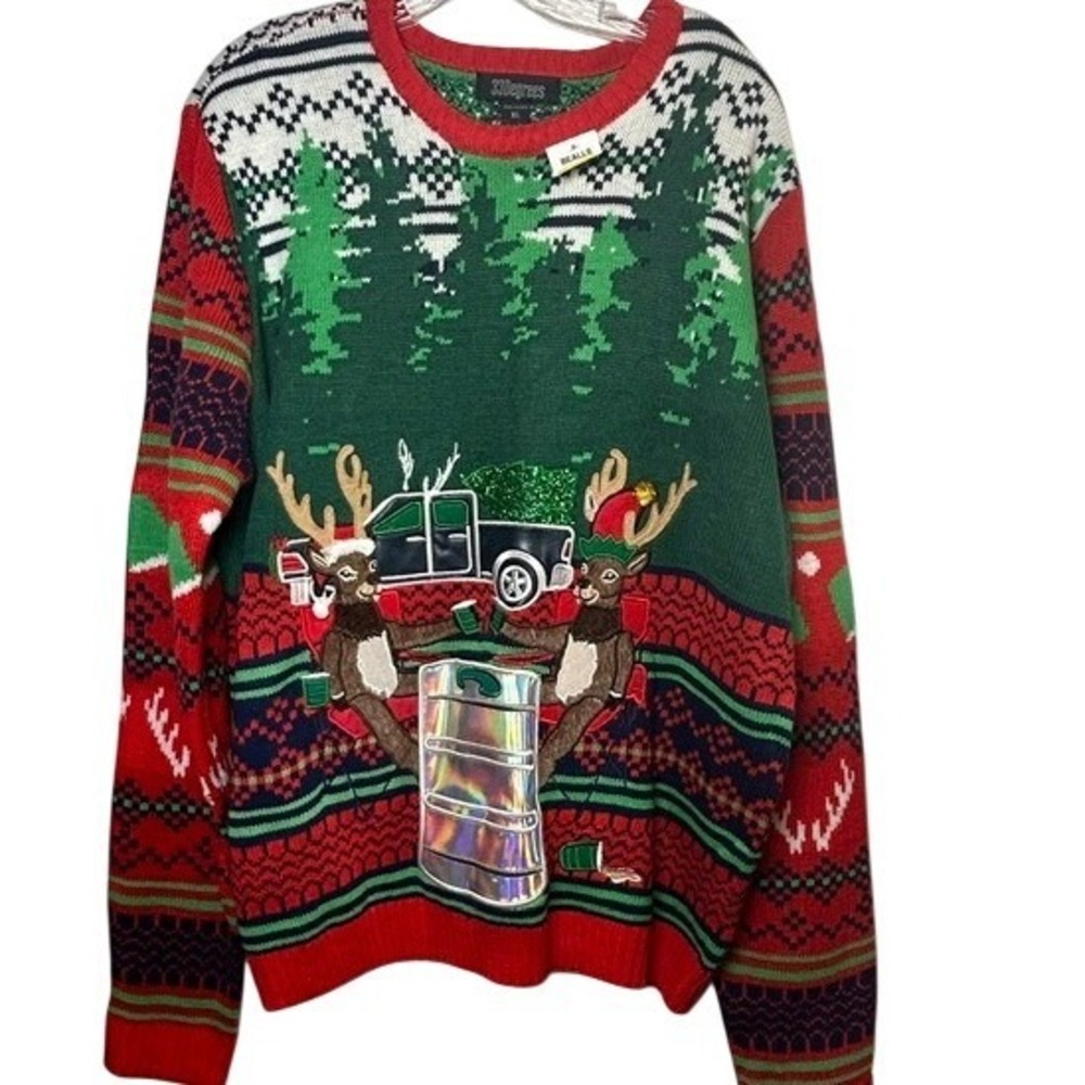 33 Degrees Men's Drinking Reindeer Beer Holder Ugly Christmas Sweater Holiday XL